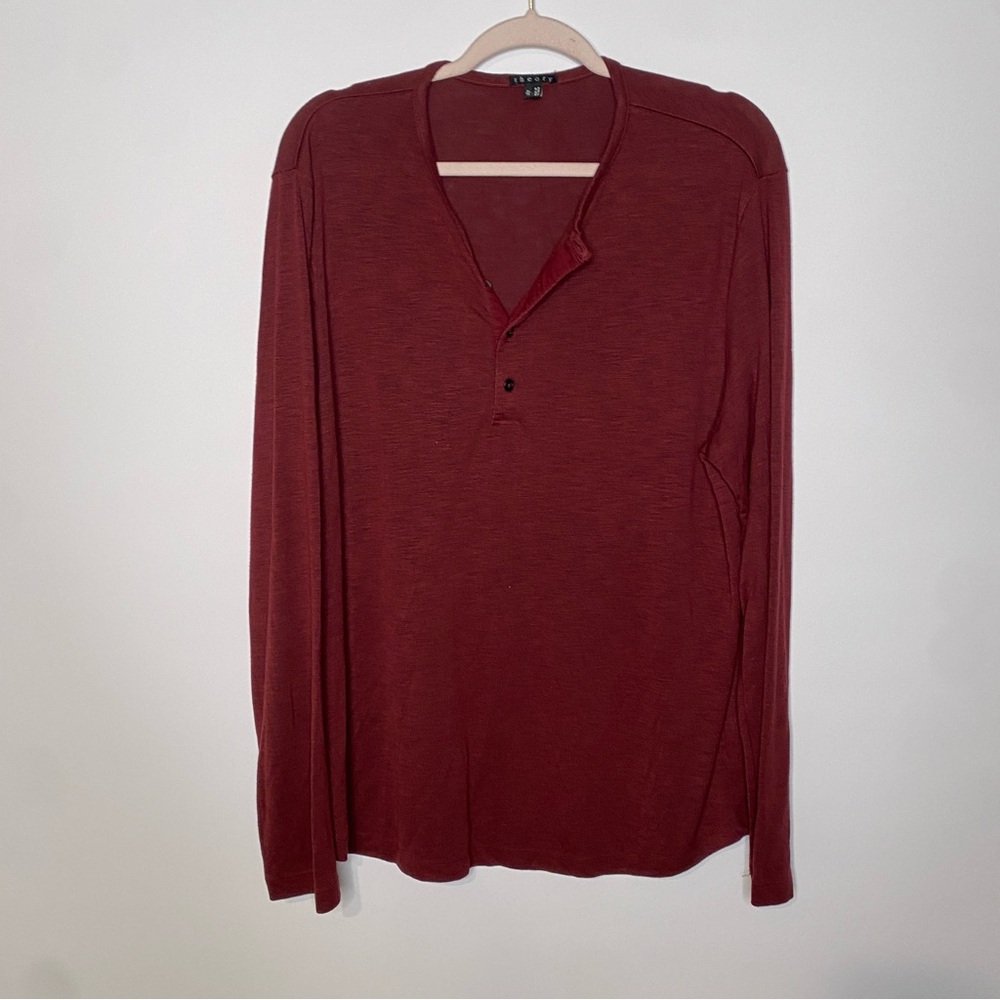 Theory Long Sleeve Henley Shirt in Brick Red Maroon Size XL